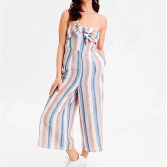 American Eagle Wide Leg Strapless Striped Linen Jumpsuit Size Medium - Picture 1 of 8